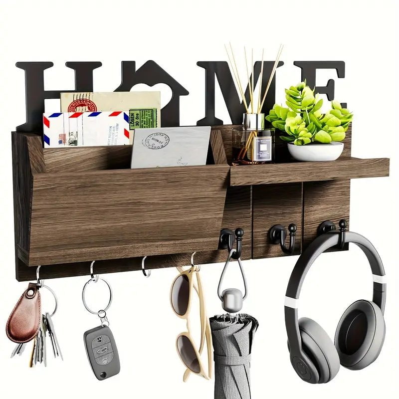 Porte-clés Mural Bois Avec étagère - 6 Crochets - Noir - Pour Entrée, Salon, Couloir - Design Pratique Et Esthétique