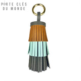 Porte clé frange cuir brun, bleu turquoise et gris, accessoires en cuir aux couleurs harmonieuses