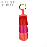 Porte clé frange cuir rouge, rose et orange, trio de frange colorés pour sac et trousseau