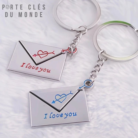 Duo de porte clé pour couple lettre avec coeur et "i love you" gravé 
