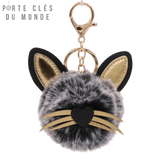Porte clé chat pompon gris avec moustaches et oreilles, accessoire félin doux et original