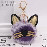 Porte clé chat pompon violet en fourrure synthétique très douce, accessoire original pour les amoureux des chats