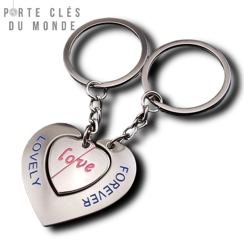 Porte clé couple en forme de cœur avec gravure "lovely forever" pour amoureux
