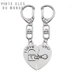 porte clé couple cadenas en forme de cœur avec serrure et clé