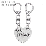 porte clé couple cadenas en forme de cœur avec serrure et clé