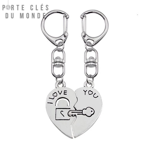 porte clé couple cadenas en forme de cœur avec serrure et clé