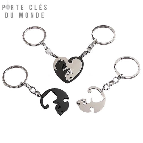 Duo de porte-clés chats pour couple amoureux, modèle assorti noir et argenté