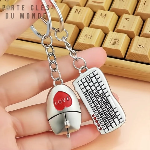Porte clé geek pour couple, design clavier et souris avec gravure love originale