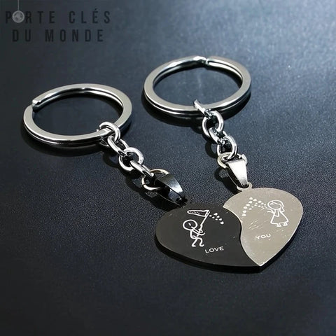 porte clé couple inséparable, duo de porte clé noir et acier avec gravure love you