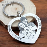 porte clé gravé avec photo de couple et texte personnalisé