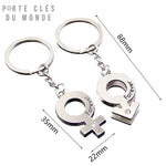 Porte clés assortis pour couple avec symboles homme et femme en acier inoxydable