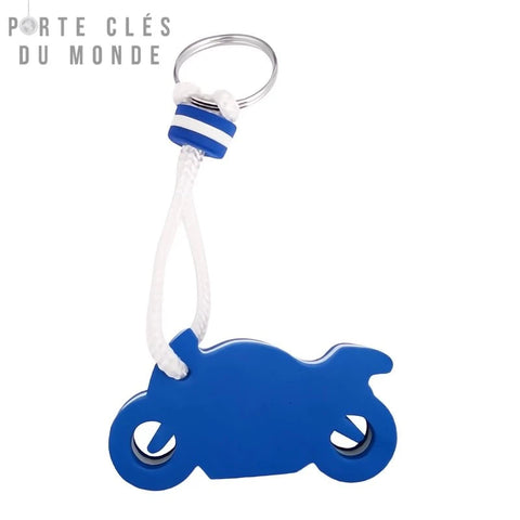 Porte clé flottant en mousse bleue forme moto sportive