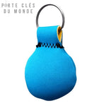 Porte clé flottant néoprène bleu ciel en forme ronde avec anneau inoxydable