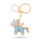 Porte clé licorne brillante bleu ciel et doré serti de strass, avec ailes, anneau métallique et mousqueton