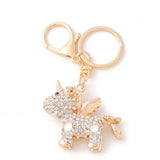 Porte clé licorne brillante à finition dorée et strass transparents, muni d’un anneau et d’un mousqueton