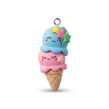 Porte-clé licorne Candy, cornet de glace à deux boules souriantes bleue et rose décorées d’étoiles
