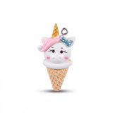Porte-clé licorne Candy, licorne blanche dans un cornet avec crinière rose, corne dorée et nœud bleu