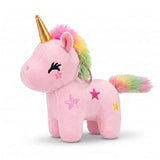 Porte clé licorne en coton rose pastel avec étoiles brodées, corne dorée et queue arc-en-ciel