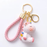 Porte clé licorne Crochet, licorne blanche à crinière rose avec lanière tressée assortie et anneau doré