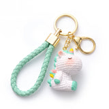Porte-clé licorne Crochet, licorne blanche à crinière vert menthe avec lanière tressée assortie et corne multicolore