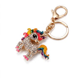 Porte clé licorne doré serti de strass avec crinière et queue multicolores, anneau et mousqueton