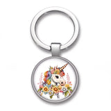 Porte clé licorne fleur Bouquet champêtre avec crinière arc-en-ciel, tournesols et petites fleurs colorées