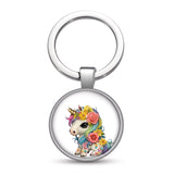 Porte clef licorne fleur Jardin féerique avec licorne à crinière colorée entourée de roses et de fleurs jaunes