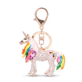 Porte clé licorne grande crinière multicolore à finition dorée, serti de strass, avec anneau et mousqueton