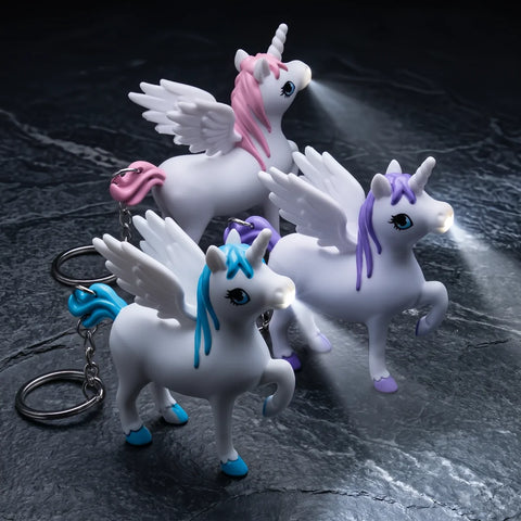 Porte clé licorne lumineux décliné en plusieurs couleurs avec effet de lumière