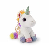 Porte clé licorne en peluche brillante blanche avec corne verte scintillante, sabots colorés et queue multicolore