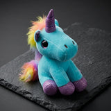 Porte clé licorne en peluche brillante bleu turquoise avec corne violette et crinière multicolore