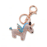 Porte-clé licorne ailée avec strass transparents, ailes et crinière bleues