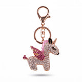 Porte-clé licorne ailée avec strass transparents, ailes roses et mousqueton doré rose