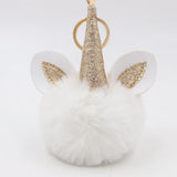 Porte-clé licorne pompon blanc avec oreilles et corne dorée pailletée