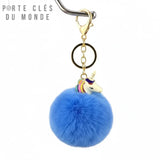 Porte-clé licorne pompon bleu sur fond blanc, accessoire licorne magique et coloré