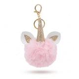 Porte-clé licorne pompon rose pastel avec corne pailletée dorée