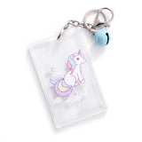 Porte clé licorne porte-carte transparent avec grelot bleu et mousqueton