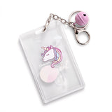 Porte clé licorne porte-carte transparent avec grelot rose et mousqueton
