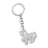 Porte clé licorne résine translucide rempli de paillettes irisées, avec chaîne et anneau argentés