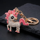  Porte clé licorne rose serti de strass avec crinière rose, finition dorée, anneau et mousqueton