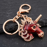 Porte-clé licorne rouge serti de strass avec anneau et mousqueton dorés
