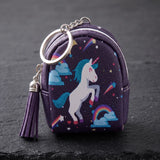 Porte clé licorne sac mauve à motif licorne et arc-en-ciel, avec fermeture zippée, anneau métallique et pompon