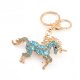 Porte-clé licorne en strass bleus avec anneau et mousqueton dorés