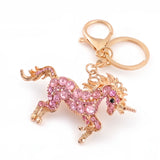 Porte-clé licorne en strass roses avec anneau et mousqueton dorés