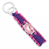 Porte clé licorne tresse en cordon violet et rose avec médaillon licorne et double anneau métallique