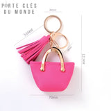 Porte clé sac femme rose avec dimensions visibles, mini sac décoratif pour trousseau de clé ou sac à main