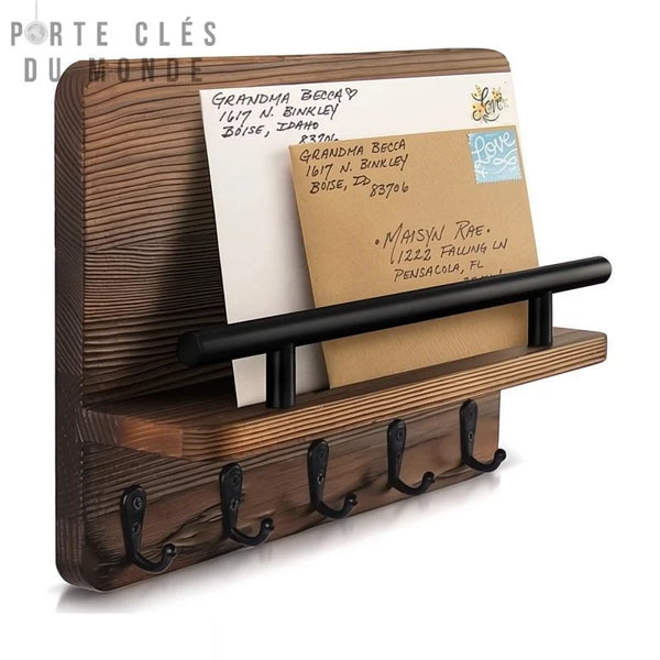 Porte-clés Et Courrier Mural En Bois Avec 8 Crochets - Organisateur D'entrée Pour Clés, Lettres, Magazines - Dimensions 30x12.5x10 Cm - Brun Foncé
