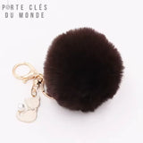 porte clé pompon fourrure marron avec anneau, mousqueton et chat doré sur fond blanc