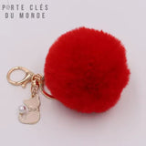 porte-clés pompon fourrure douce rouge fluo avec mousqueton, anneau et petit chat doré
