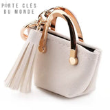 Porte clé sac femme blanc en simili cuir, détail du mini sac élégant vu de près